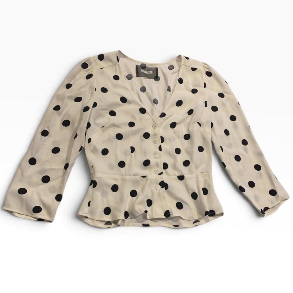 Reformation Blouse Womens 2 Cream Polka Dot Peplum V-Neck Retro Parisian Chic